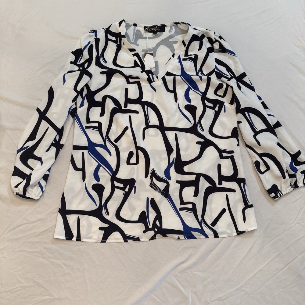 Emily V-Neck Blouse M NWT Abstract Graphic Geometric Long Sleeve Tunic